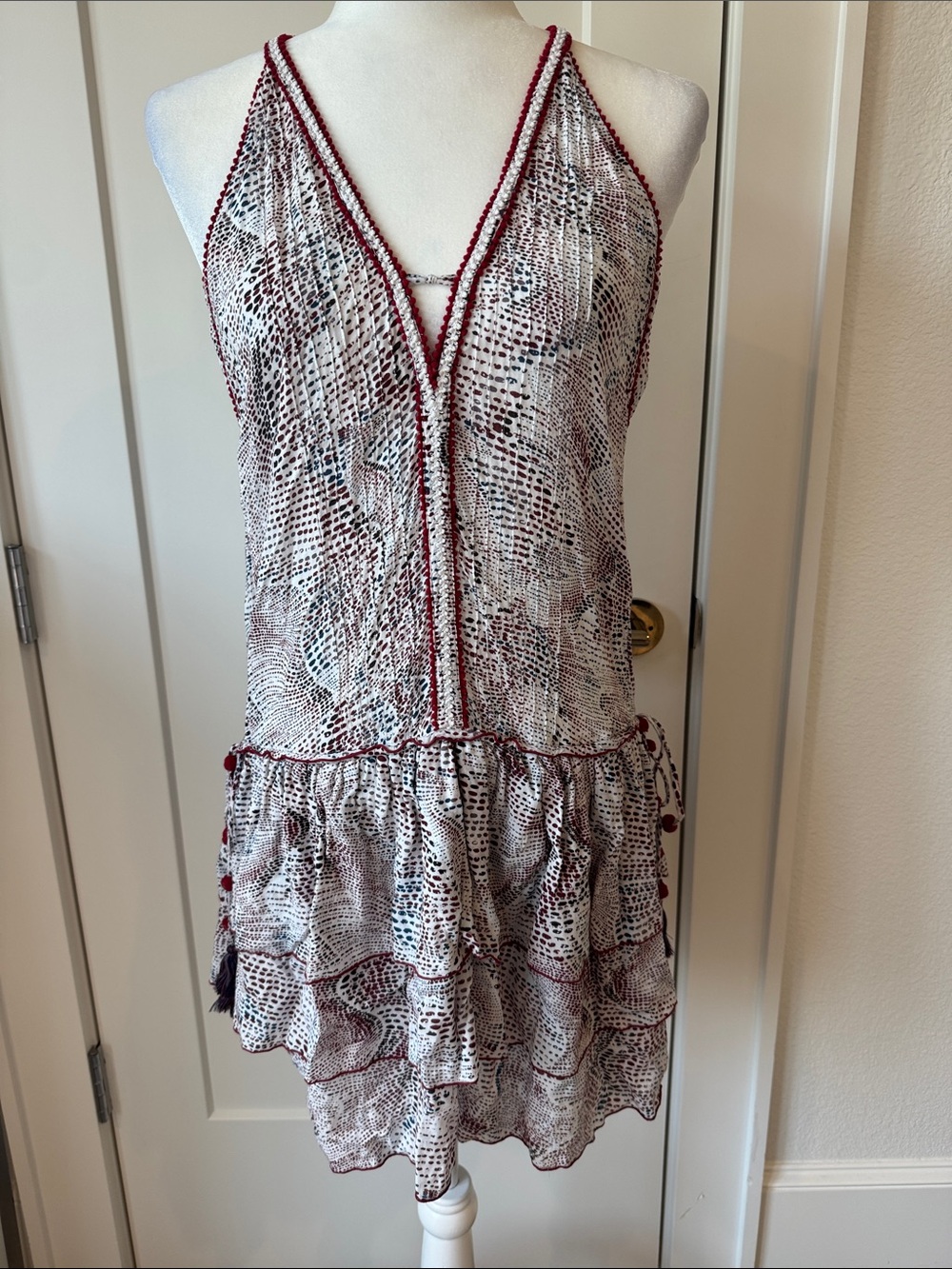 Poupette St. Barth White Mini Dress with Burgundy Trim